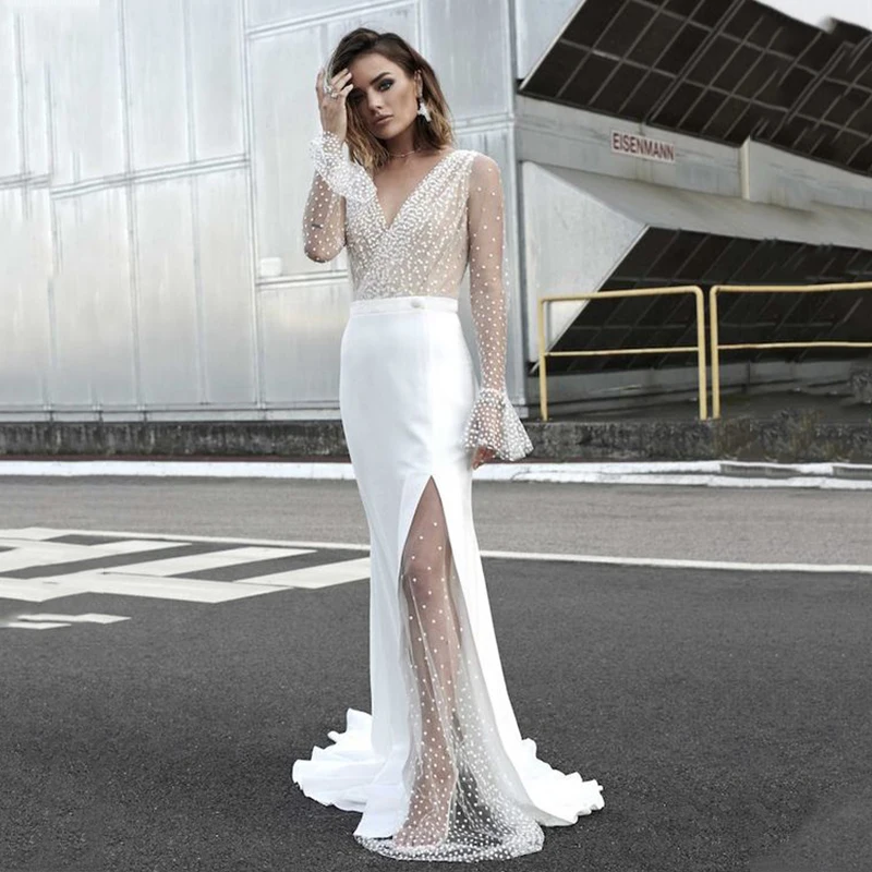 Соблазнительные белые модные платья с V-образным вырезом и длинным рукавом