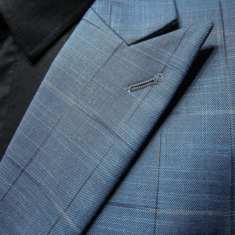 

Office Business Formal Mens Suit Set Double Breasted Blazer Slim Fit Pencil Pants Classic Plaid Suits Blue Groom Dress Suit Sets