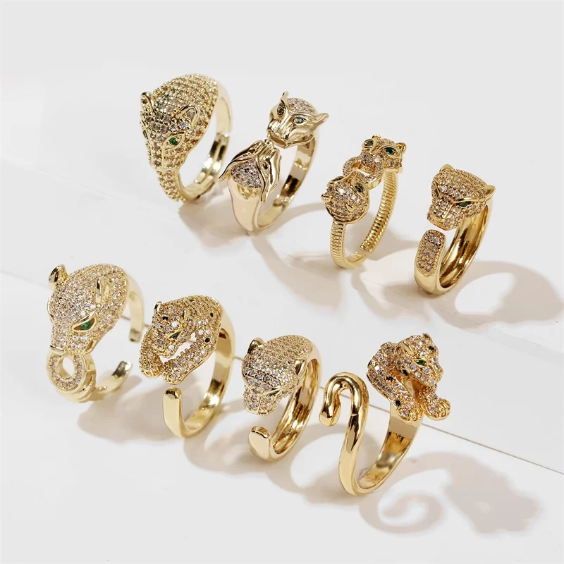 

High Quality Gold Color Copper Metal CZ Cubic Zirconia Zircon Adjustable Opening Animal Leopard Rings For Women Men Jewelry Gift