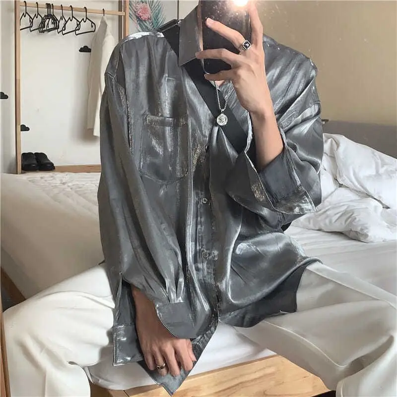 

Рубашка мужская с длинным рукавом и ярким лицом, новинка 2021, корейская мода, легкая роскошная винтажная драпированная рубашка, трендовая од...