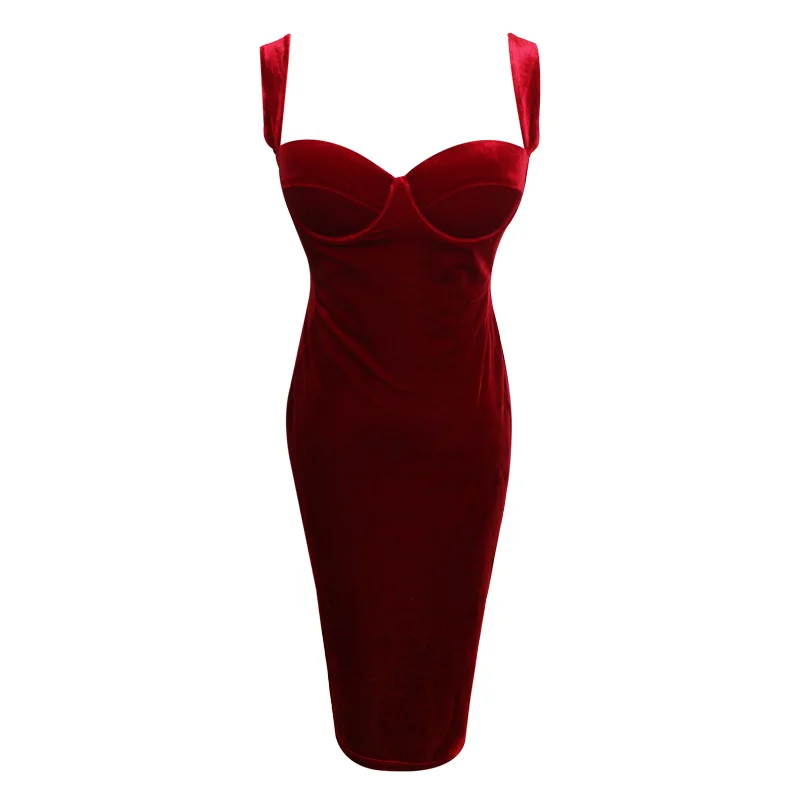 

2021 Velvet Sleeveless Spaghetti Strap Knee-Length Bodycon Dress Sexy Skinny Solid Soft Backless Elegant Party Dress Summer