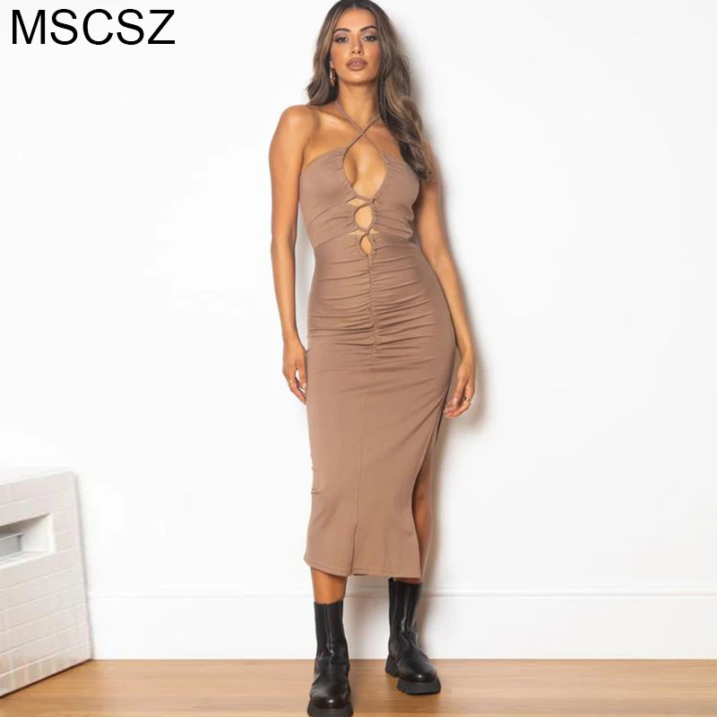 

Cut Out Sexy Summer Dress Women Bandage Bodycon Midi Dress Halter Backless Party Dresses With Slit Strapless Beach Dress