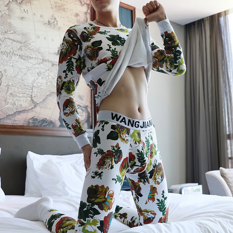 Mens Long Johns Winter Warm Pants Sexy Underwear Set Leggins Cotton Plus Velvet Round Neck Slim Thermal Trousers Sleepwear