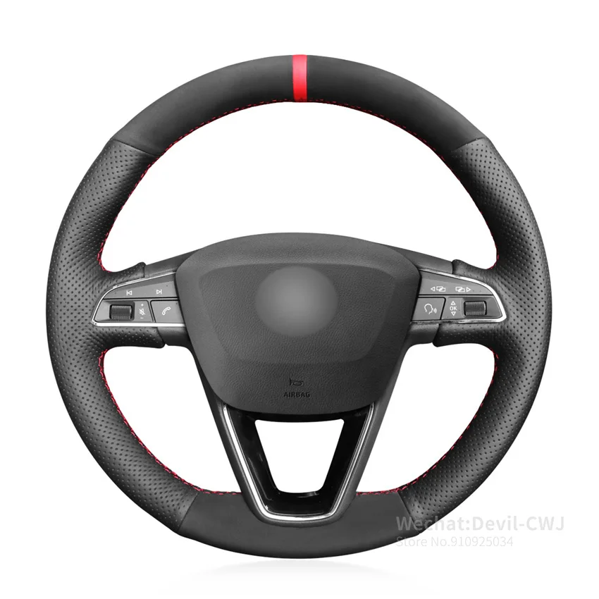 

Black Genuine Leather Suede Hand Sew Steering Wheel Cover for Seat Leon 2013-2020 Toledo 2014-2015 Arona 2017-2020