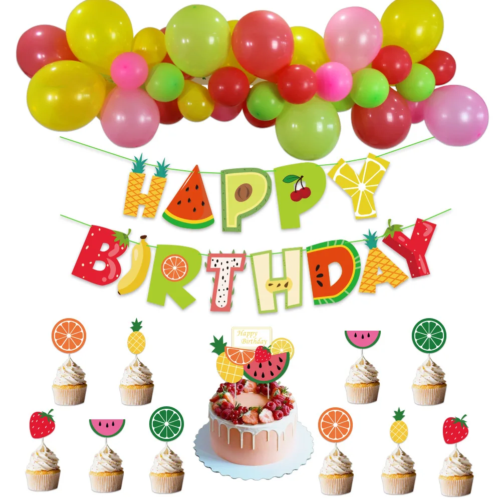 

Fruit Theme Birthday Party Decoration Supplies Watermelon Orange Pineapple Banners Cake Toppers Balloons Baby Shower Kids Favors