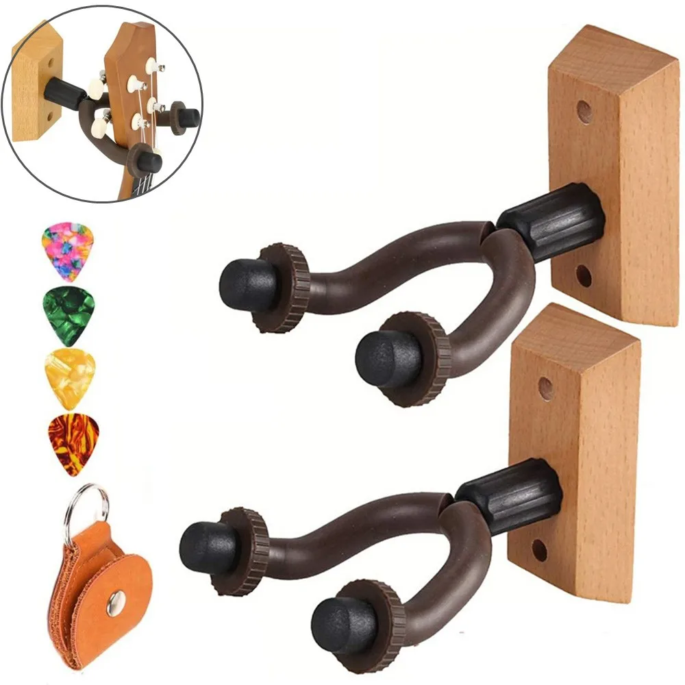 

2Pcs Guitar Wall Mount Hanger Hook Bracket Holder Wood Base Stand With 4x Picks 1xPicks Holder Guitar Accessories