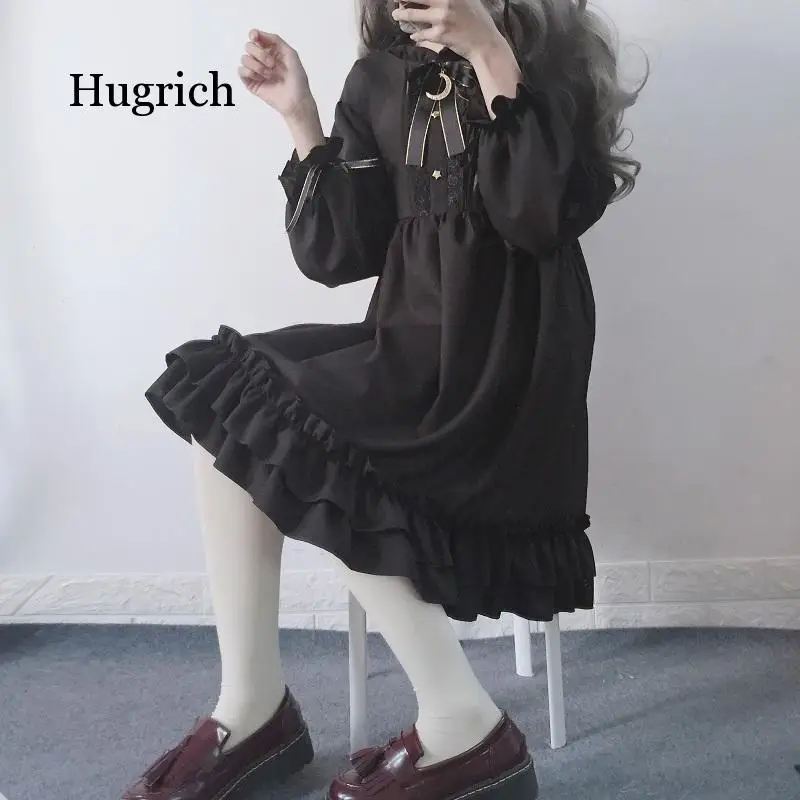 

2021 Japanese Gothic Summer Chiffon Dress Women Vintage Bow Bandage Ruffle Black Lolita Dresses Vestidos Robe Femme