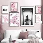 Постеры и принты в скандинавском стиле с изображением цветущей вишни, девушки, любви, художественные настенные картины на холсте, настенные картины для декора гостиной