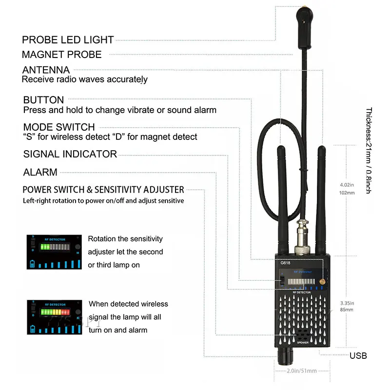 dual antenna anti spy detector g618g618a rf signal finder for gsm bug gps magnet tracker wireless hidden camera eavesdropping free global shipping