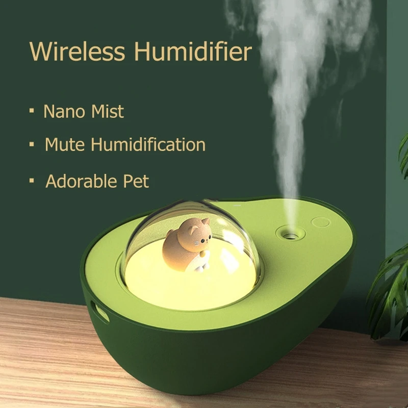 

Cute Avocado Wireless Air Humidifier Ultrasonic Essential Oil Mist Maker Mute Spray Fogger with Warm Night Light for Home Office