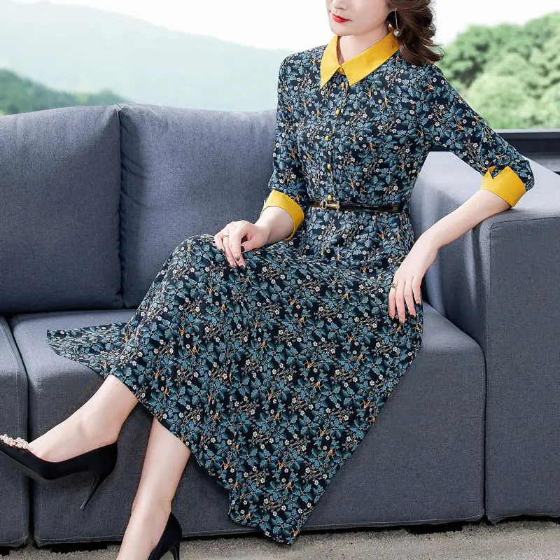 

COIGARSAM Long Dress Women Autumn 2021 New French Style Patchwork Floral Print Panelled Dresses Traf Robe Vestidos