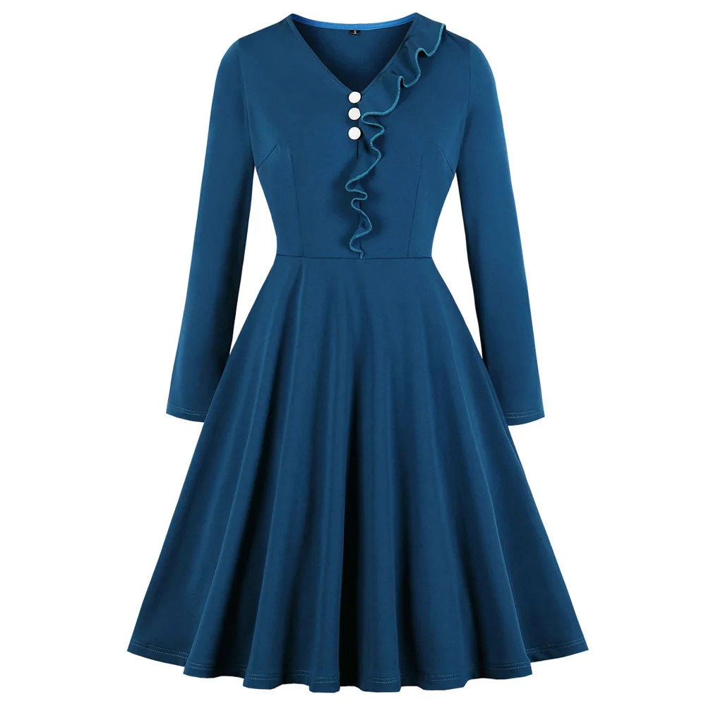 Joineles Autumn Long Sleeves Women Retro Dress Elegant Style Solid Color Office Ruffles Vintage Vestidos De Festa | Женская одежда