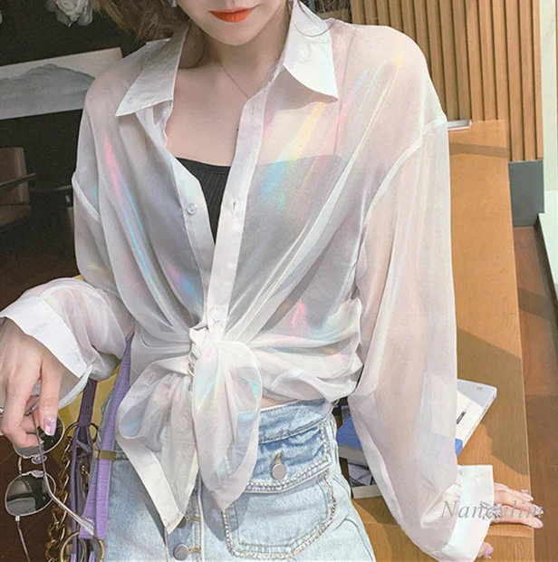 

Rainbow Bright Surface Blouses Women Sweet Sun Protection Shirt Summer Female All-Matching Chiffon Blusas Loose Tops Streetwear