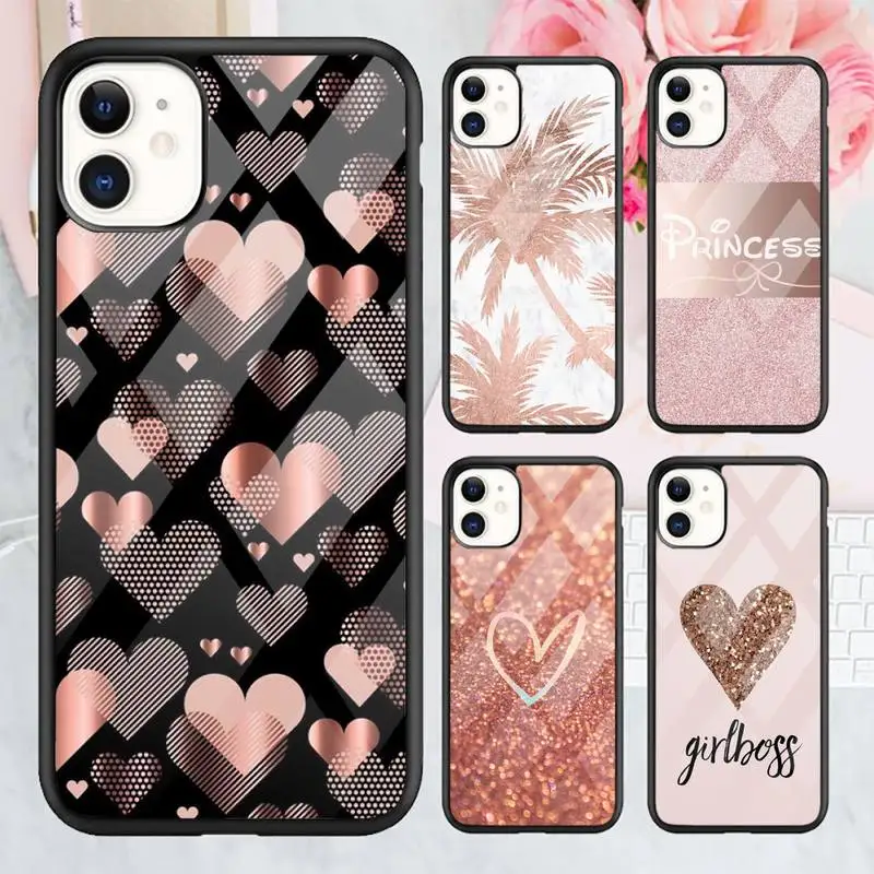 

Gold Rose Glitter Pink Love Heart Phone Cases soft TPU+PC or iPhone 11 12 pro XS MAX 8 7 6 6S Plus X 5S SE 2020 XR luxury shell