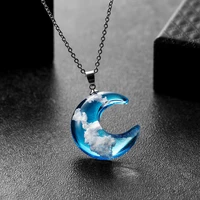 chic blue sky cloud moon shaped resin necklace for women jewelry crescent fashion silver color chain collar girls gifts