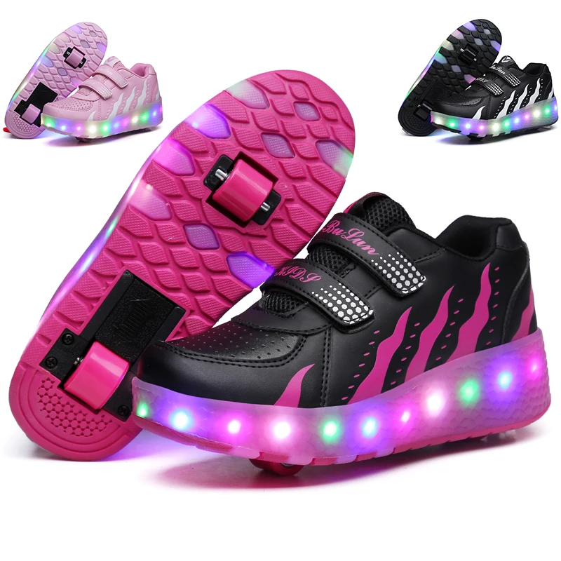 

Children’s Two Wheels Luminous Glowing Sneakers Heelys Pink Led Light Roller Skate Shoes Kids Led Shoes Boys Girls USB Charging