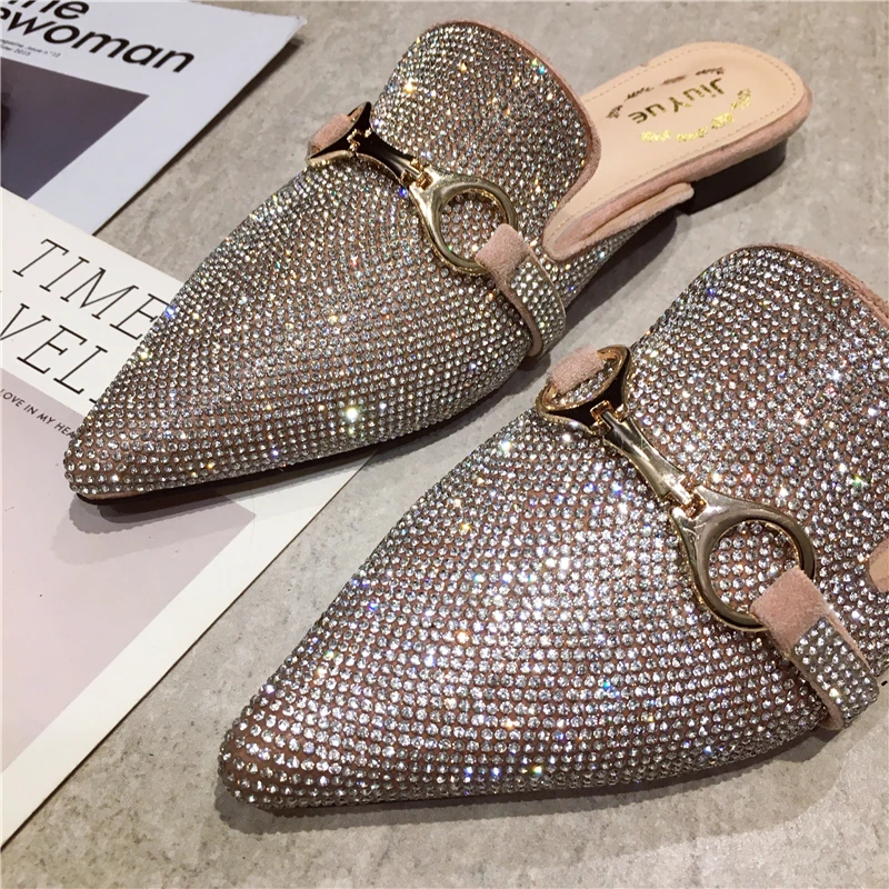 Женские шлепанцы на Плоском Каблуке с острым носком пряжкой и ремешком роскошные