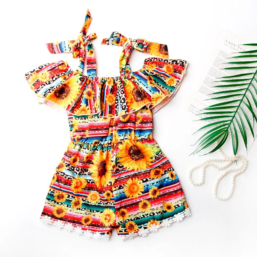 Детский комбинезон без рукавов с оборками и цветочным принтом|Ромперы| |