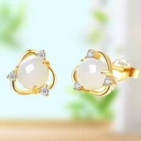 chinese natural white jade hand carved 925 silver inlaid bead jade ear nail fashionable elegant lady ear nail earrings
