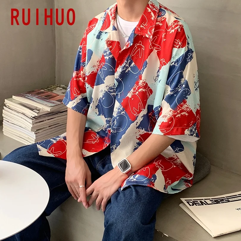 

RUIHUO Print Casual Shirts For Men Clothing Korean Fashion Men Shirts Hawaiian Short Sleeve M-2XL 2021 New Arrivals