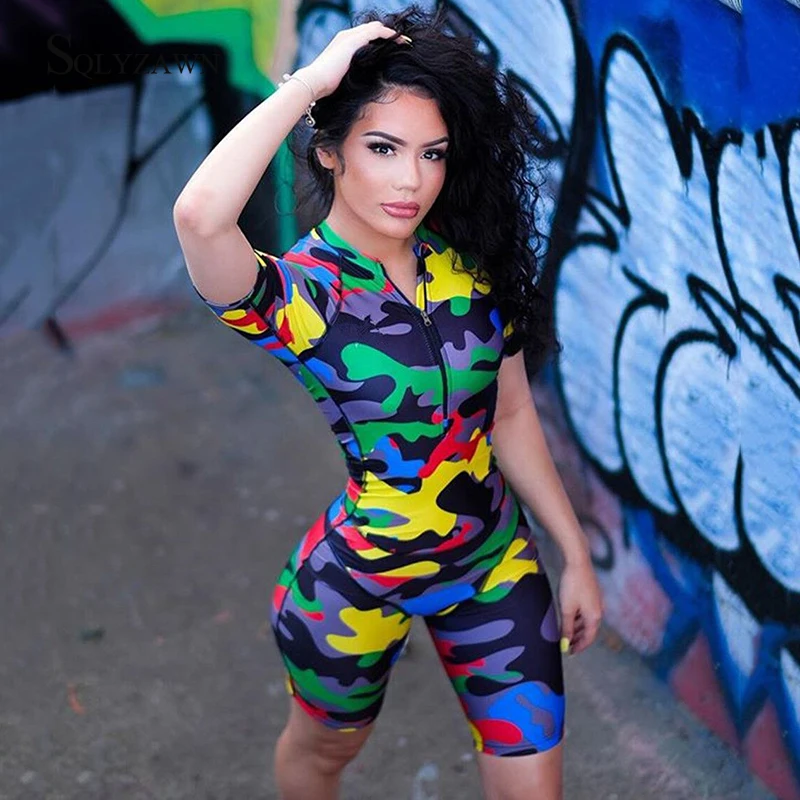 Женский сексуальный камуфляжный комбинезон с коротким рукавом облегающее