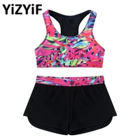 kids girls sleeveless cutouts racer back sportwear 3d printed crop top sports bra with shorts yoga clothes for sports gymnastic