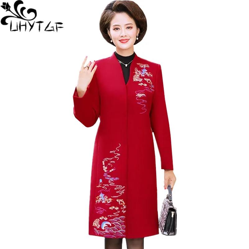 

UHYTGF Autumn coat female fashion embroidery wool jacket elegant woman loose 5XL plus size jacket casual winter woolen coat 1170