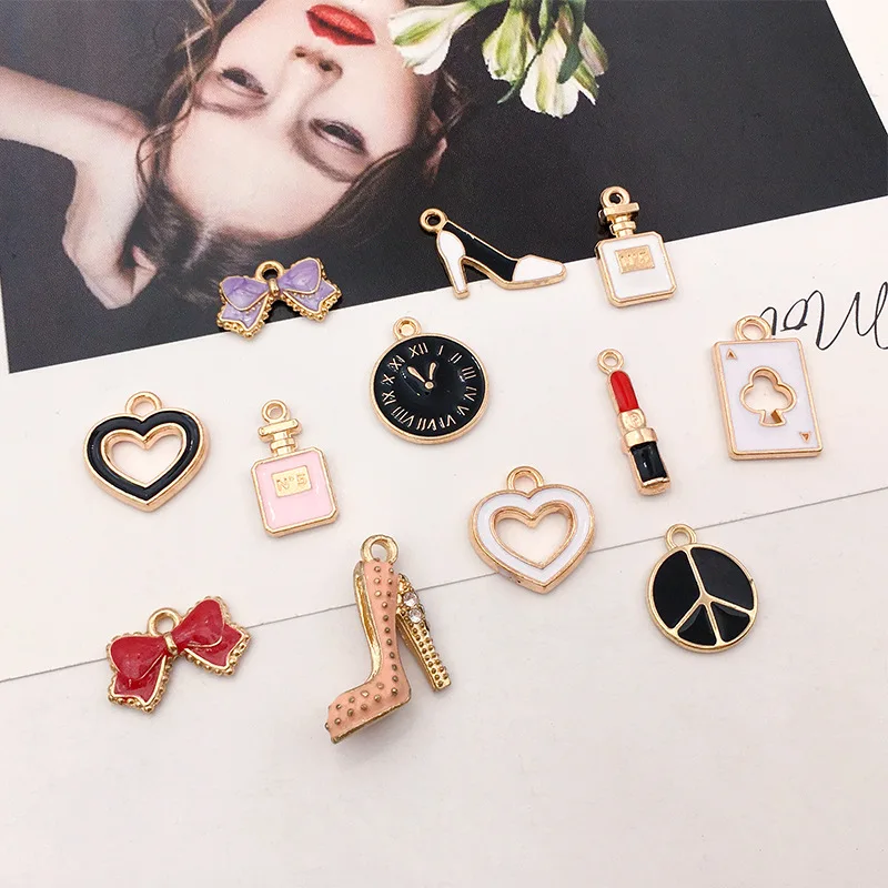 

55Pcs/Lot Rhinestone Alloy pendant lipstick powder pan earrings necklace pendant Drop Oil Button For Diy Jewelry Accessories