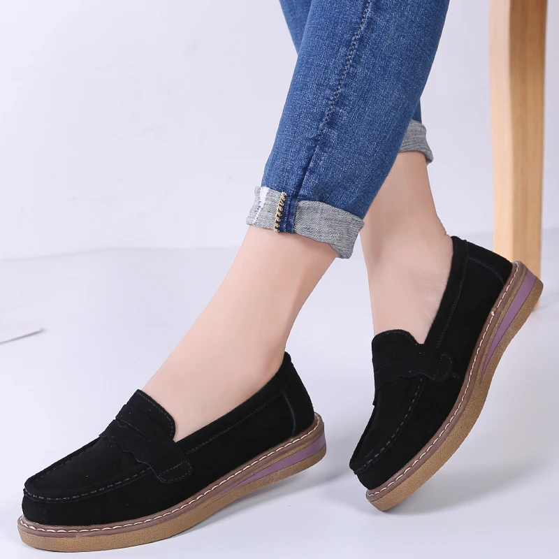 Женские туфли на плоской подошве с круглым носком однотонные ручной работы