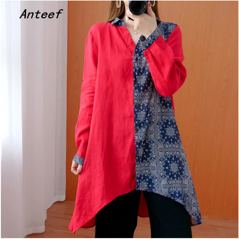 

long sleeve plus size cotton linen vintage floral korean style Casual loose autumn shirt women blouse 2021 clothes ladies tops