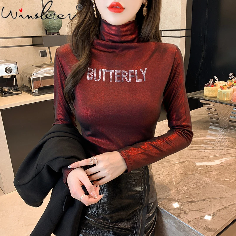 

MadBlack Fall Winter Thick T-Shirt Chic Sexy Gold Blocking Turtleneck Diamonds Letter Women Tops Lady Slim Fleece Tees T1D202A