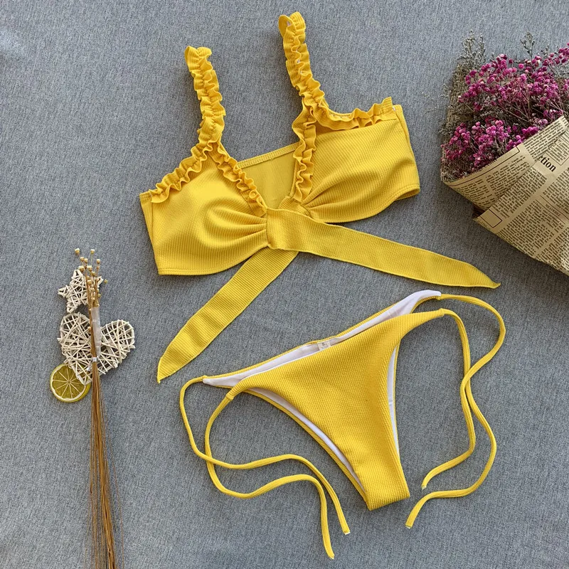 

Yellow Red and Stripe High Waisted Bikini Sets Sexy Tank Top Swimsuit Two Pieces Swimwear Women 2021 New Beach Bathing Suits