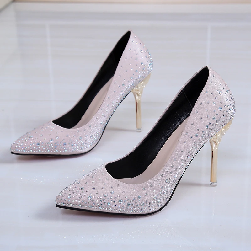 С украшением в виде кристаллов высокая обувь на каблуке женские туфли лодочки