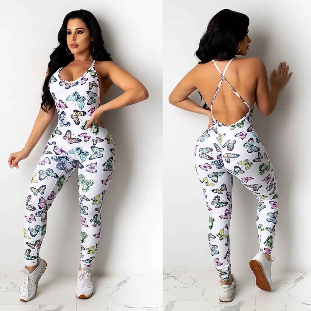 

Wholesale Colorful Print Stretchy Bodycon Long Jumpsuit 2020 Newon Summer Sexy Women Backless Skinny Rompers Female Overalls