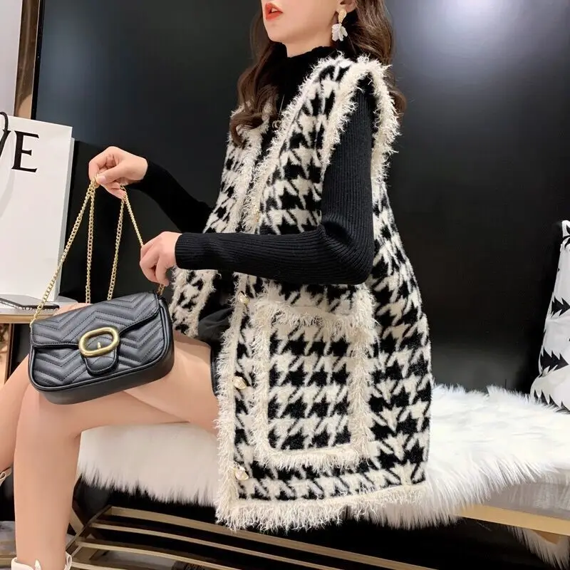 

New houndstooth tassel vest jacket women's loose small fragrance knitted vest