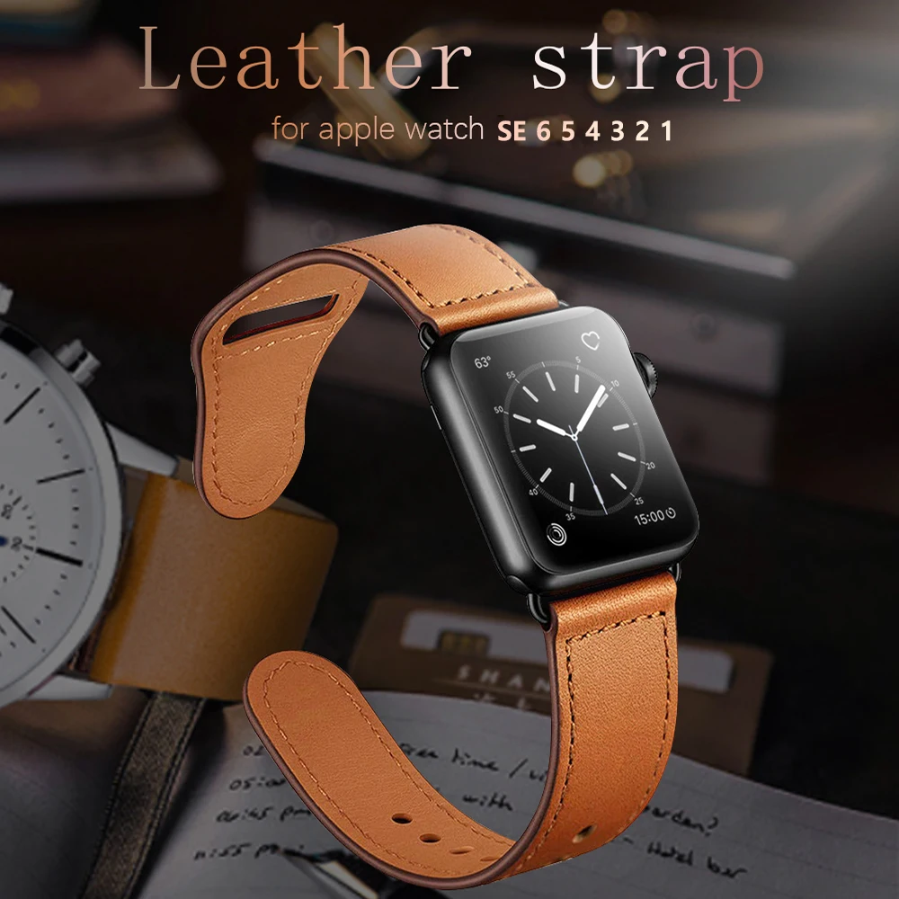

Ремешок из натуральной кожи для Apple Watch SE 44 мм 40 мм, ремешок для смарт-часов iWatch Band Series 6 54321 42 мм 38 мм, Аксессуары для браслета