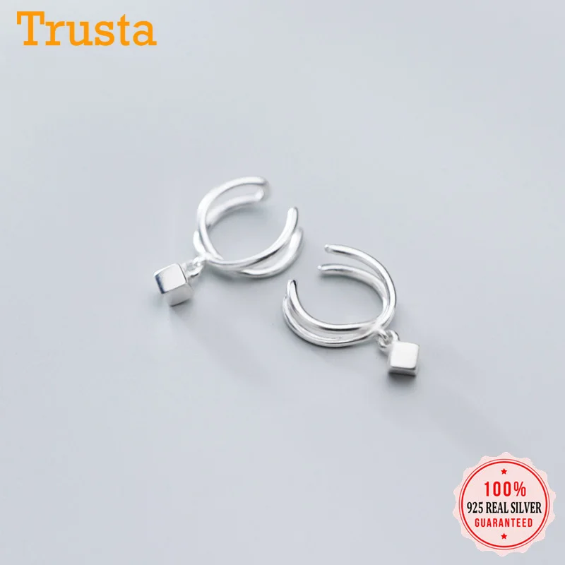 Trusta 100% 925 пробы серебряные двухслойные квадратные серьги манжеты на клипсах для
