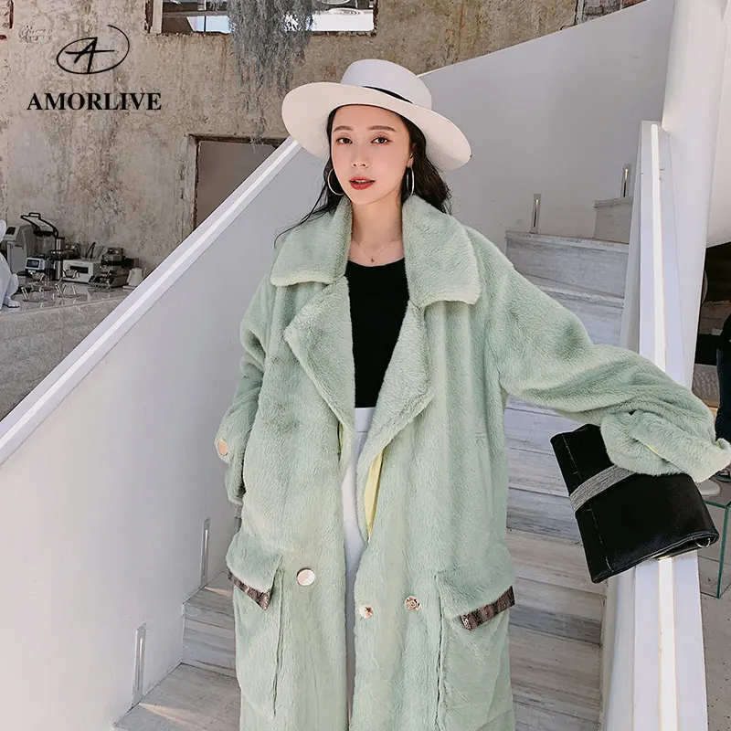 

AMOR LIVE Fashion Autumn Winter Mink Coat Women Casual Warm Wool Solid Double-breasted Green Long Jackets Elegant Long пальто