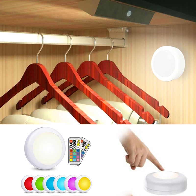 

Wireless LED Cabinet Night Light Remote RGB Color Puck Lights Dimmable Under Shelf Kitchen Counter Top Lighting Wardrobe Lamp