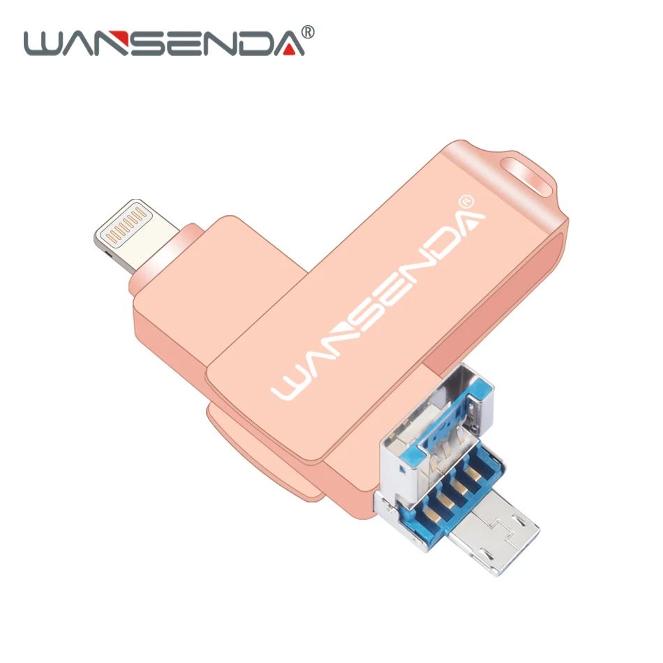 Wansenda OTG USB флеш-накопитель USB3.0 для iPhone/iPad/IOS/Android/PC 128 Гб 64 ГБ 32 ГБ 16 ГБ 8 ГБ флеш-накопитель 3 в 1 высокоскоростной флеш-накопитель - Цвет: Rose gold