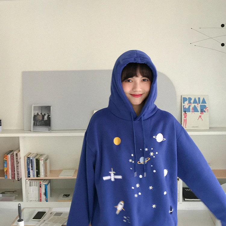Mooirue для женщин Свободные толстовки звезда дирижабль вышитые Harajuku утолщаются пуловер Повседневная Уличная корейский стиль толстовка