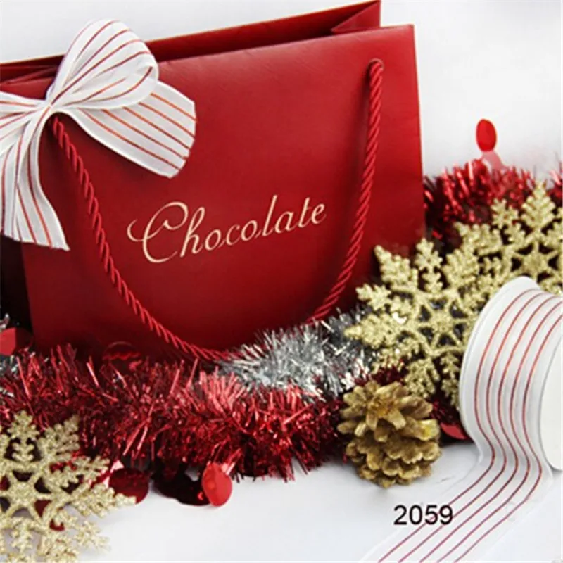 

N2059 38MM White and red striped wired edge organza ribbon for gift wrapping 25yards roll