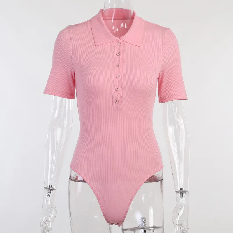 

Giyu Summer Fashion Knitted Rib Buttons Bodycon Bodysuit Women Short Sleeve Turn-down Collar Pink Body Tops Femme Sexy Bodysuits