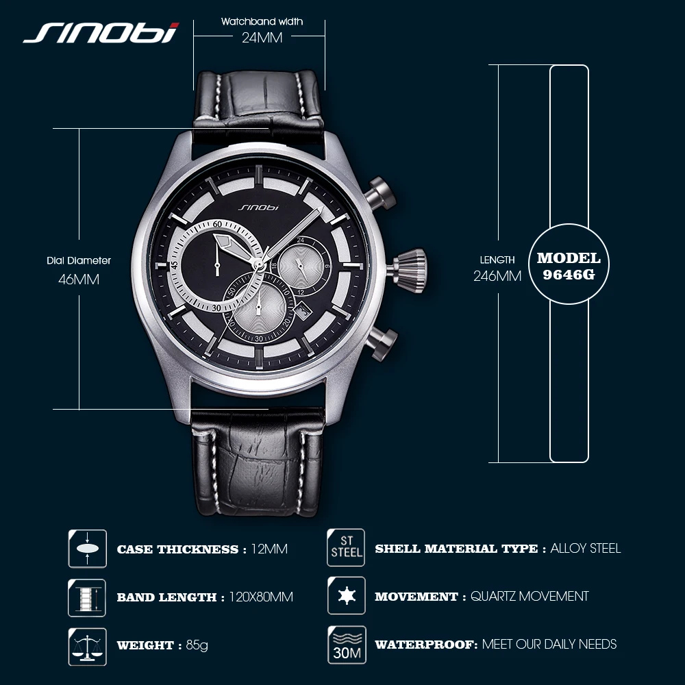 

Relogio SINOBI New Creative Watches Men Fashion Leather Strap Chronograph Men Watches Male Big Dial Sports Quartz Analog Clock