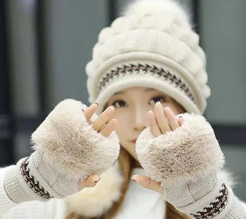 Khaki gloves Зимняя шапка с кроличьим мехом, перчатки, шарф, наборы, утолщенная плюшевая шерсть, теплая шапка s, женская вязаная шапка, уличная ветрозащитная Ушная Лоскутная широкий берет-Боб - Цвет: Khaki gloves