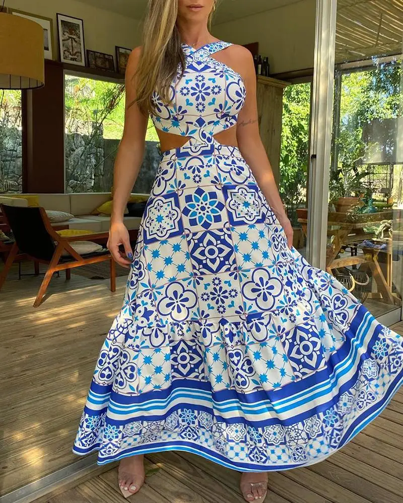 

Vintage Printed Dresses Summer 2020 Women Sleeveless Halter Sexy Long Dress A-Line Elegant Woman Pary Dress
