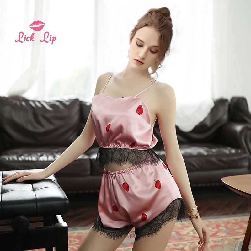 Lick Lip Small Strawberry Pajamas Set Women Silk Lace Mesh Sleepwear Sexy Sling Two Piece Comfortable Nightwear SWD17356-30 | Женская