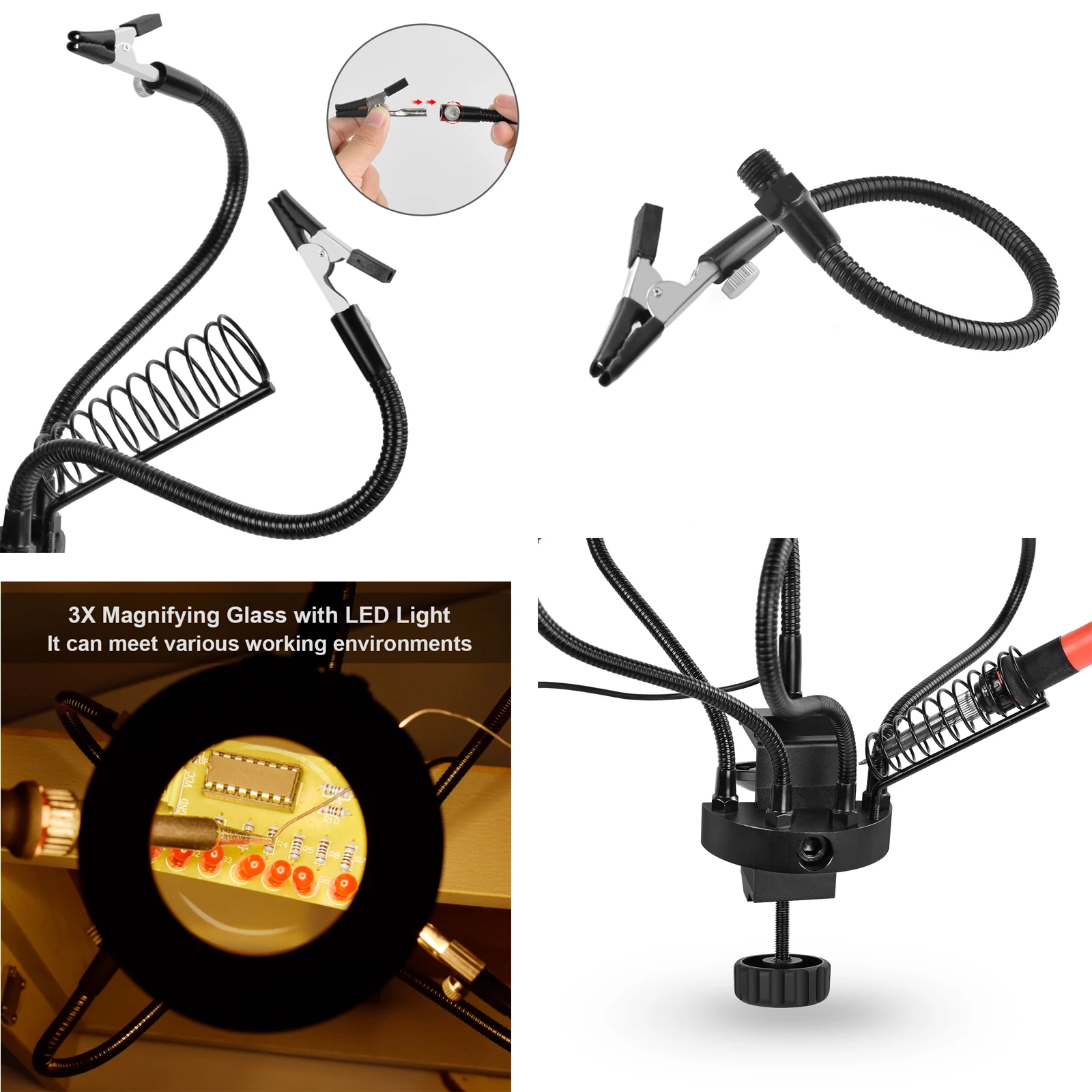 Toolour 5pc Flexible Arms Third Helping Hand Table Clamp USB LED Lamp 3X Magnifier Soldering Iron Holder DIY Repairing Tool | Инструменты
