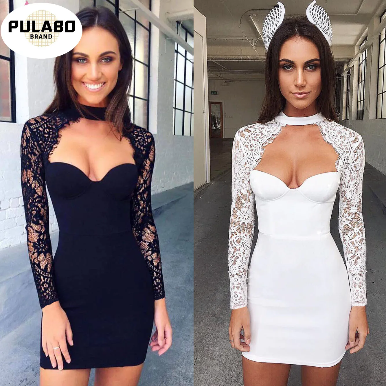 Женское кружевное платье мини с V образным вырезом и длинным рукавом|Женские