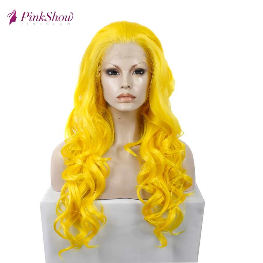 yellow Pinkshow желтый парик длинные волнистые синтетические кружевные передние парики для женщин термостойкие волокна Glueless косплей парик - Цвет: yellow